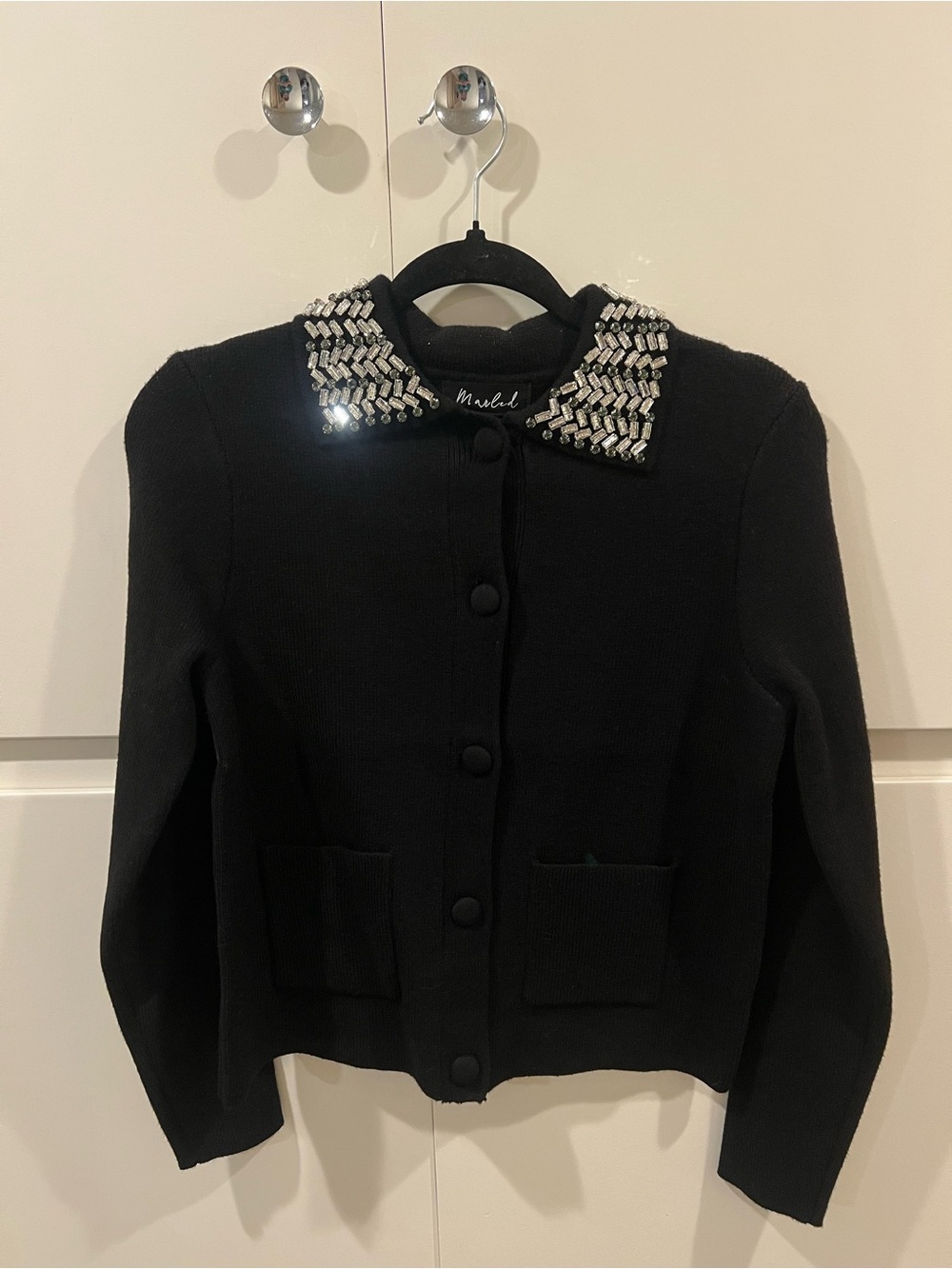 Marled Black Knit Jacket with Beaded Collar